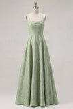 Dusty Sage Floral A-Line Square Neck Ruched Long Bridesmaid Dress