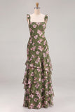 Green Flower A-Line Tiered Chiffon Ruched Thick Straps Long Bridesmaid Dress