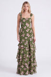 Green Flower A-Line Tiered Chiffon Ruched Thick Straps Long Bridesmaid Dress