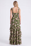 Green Flower A-Line Tiered Chiffon Ruched Thick Straps Long Bridesmaid Dress