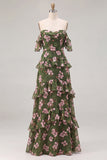 Off the Shoulder Green Flower A-Line Tiered Chiffon Ruffled Long Bridesmaid Dress