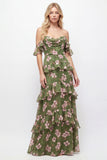 Off the Shoulder Green Flower A-Line Tiered Chiffon Ruffled Long Bridesmaid Dress
