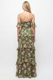 Off the Shoulder Green Flower A-Line Tiered Chiffon Ruffled Long Bridesmaid Dress