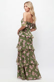 Off the Shoulder Green Flower A-Line Tiered Chiffon Ruffled Long Bridesmaid Dress
