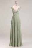Sage A-Line Pleated Spaghetti Straps Ruched Bridesmaid Dress