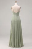 Sage A-Line Pleated Spaghetti Straps Ruched Bridesmaid Dress