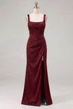 Espresso Satin Mermaid Square Neck Ruched Bridesmaid Dress with Slit