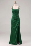 Espresso Satin Mermaid Square Neck Ruched Bridesmaid Dress with Slit