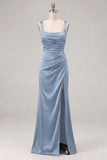 Espresso Satin Mermaid Square Neck Ruched Bridesmaid Dress with Slit