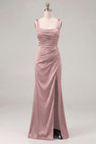 Espresso Satin Mermaid Square Neck Ruched Bridesmaid Dress with Slit