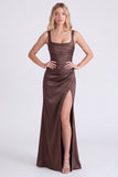 Espresso Satin Mermaid Square Neck Ruched Bridesmaid Dress with Slit