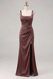 Espresso Satin Mermaid Square Neck Ruched Bridesmaid Dress with Slit