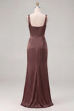 Espresso Satin Mermaid Square Neck Ruched Bridesmaid Dress with Slit