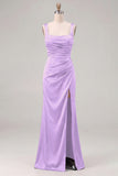 Espresso Satin Mermaid Square Neck Ruched Bridesmaid Dress with Slit