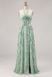 Sage Floral A-Line Chiffon Halter Neck Ruffled Long Bridesmaid Dress with Slit