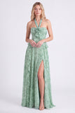 Sage Floral A-Line Chiffon Halter Neck Ruffled Long Bridesmaid Dress with Slit
