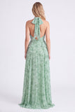 Sage Floral A-Line Chiffon Halter Neck Ruffled Long Bridesmaid Dress with Slit