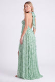 Sage Floral A-Line Chiffon Halter Neck Ruffled Long Bridesmaid Dress with Slit