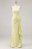Light Blue Floral Jacquard Column Dress with Side Drape