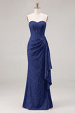 Light Blue Floral Jacquard Column Dress with Side Drape
