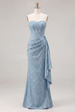 Light Blue Floral Jacquard Column Dress with Side Drape