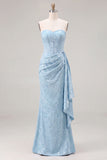Light Blue Floral Jacquard Column Dress with Side Drape