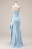 Light Blue Floral Jacquard Column Dress with Side Drape