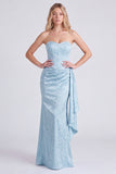 Light Blue Floral Jacquard Column Dress with Side Drape