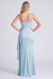 Light Blue Floral Jacquard Column Dress with Side Drape