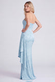 Light Blue Floral Jacquard Column Dress with Side Drape