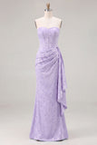 Light Blue Floral Jacquard Column Dress with Side Drape