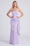 Light Blue Floral Jacquard Column Dress with Side Drape