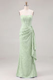Light Blue Floral Jacquard Column Dress with Side Drape