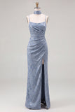 Dusty Blue Jacquard Maxi Bridesmaid Dress with Long Neck Scarf