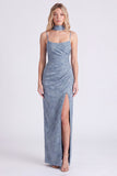 Dusty Blue Jacquard Maxi Bridesmaid Dress with Long Neck Scarf