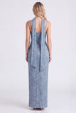 Dusty Blue Jacquard Maxi Bridesmaid Dress with Long Neck Scarf