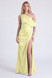 One Shoulder Light Blue Mermaid Floral Print Ruched Long Bridesmaid Dress with Slit