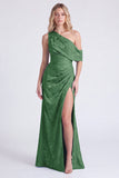 One Shoulder Light Blue Mermaid Floral Print Ruched Long Bridesmaid Dress with Slit