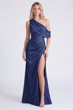 One Shoulder Light Blue Mermaid Floral Print Ruched Long Bridesmaid Dress with Slit