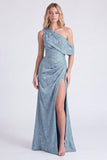 One Shoulder Light Blue Mermaid Floral Print Ruched Long Bridesmaid Dress with Slit