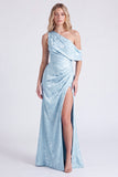 One Shoulder Light Blue Mermaid Floral Print Ruched Long Bridesmaid Dress with Slit