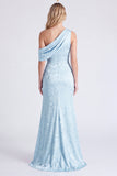 One Shoulder Light Blue Mermaid Floral Print Ruched Long Bridesmaid Dress with Slit