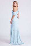 One Shoulder Light Blue Mermaid Floral Print Ruched Long Bridesmaid Dress with Slit