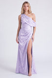 One Shoulder Light Blue Mermaid Floral Print Ruched Long Bridesmaid Dress with Slit