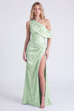 One Shoulder Light Blue Mermaid Floral Print Ruched Long Bridesmaid Dress with Slit