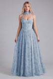 Sage Chiffon A-Line Corset Floral Print Bridesmaid Dress with Long Neck Scarf