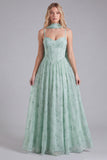Sage Chiffon A-Line Corset Floral Print Bridesmaid Dress with Long Neck Scarf