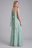 Sage Chiffon A-Line Corset Floral Print Bridesmaid Dress with Long Neck Scarf