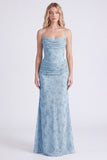 Sage Mermaid Floral Chiffon Spaghetti Straps Long Bridesmaid Dress