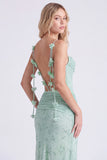 Sage Mermaid Floral Chiffon Spaghetti Straps Long Bridesmaid Dress